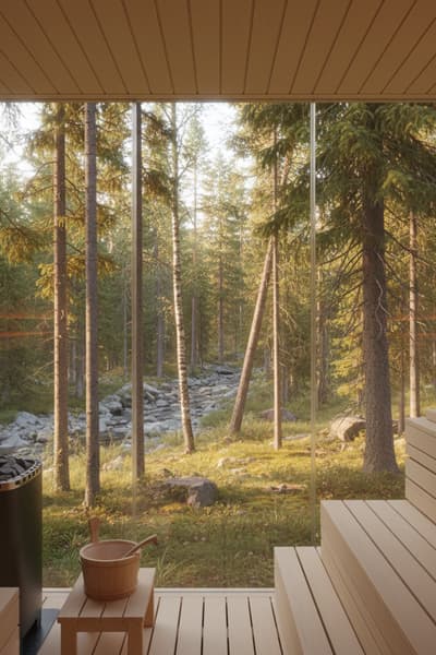 Glass-walled sauna with forest views